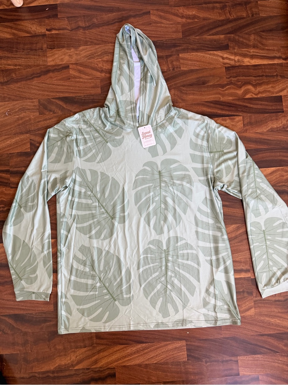 SweetHoney Mens size 3XL Monstera print Sage Green Hooded dri fit Pullover